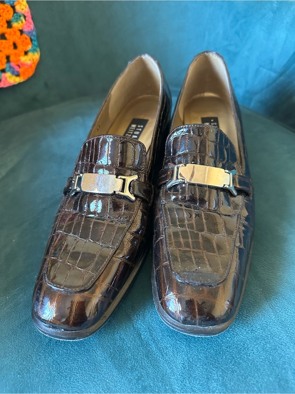 Stuart Weitzman Brown Croc Embossed Horsebit Loafer Heels 9.5 AA - Picture 5 of 16